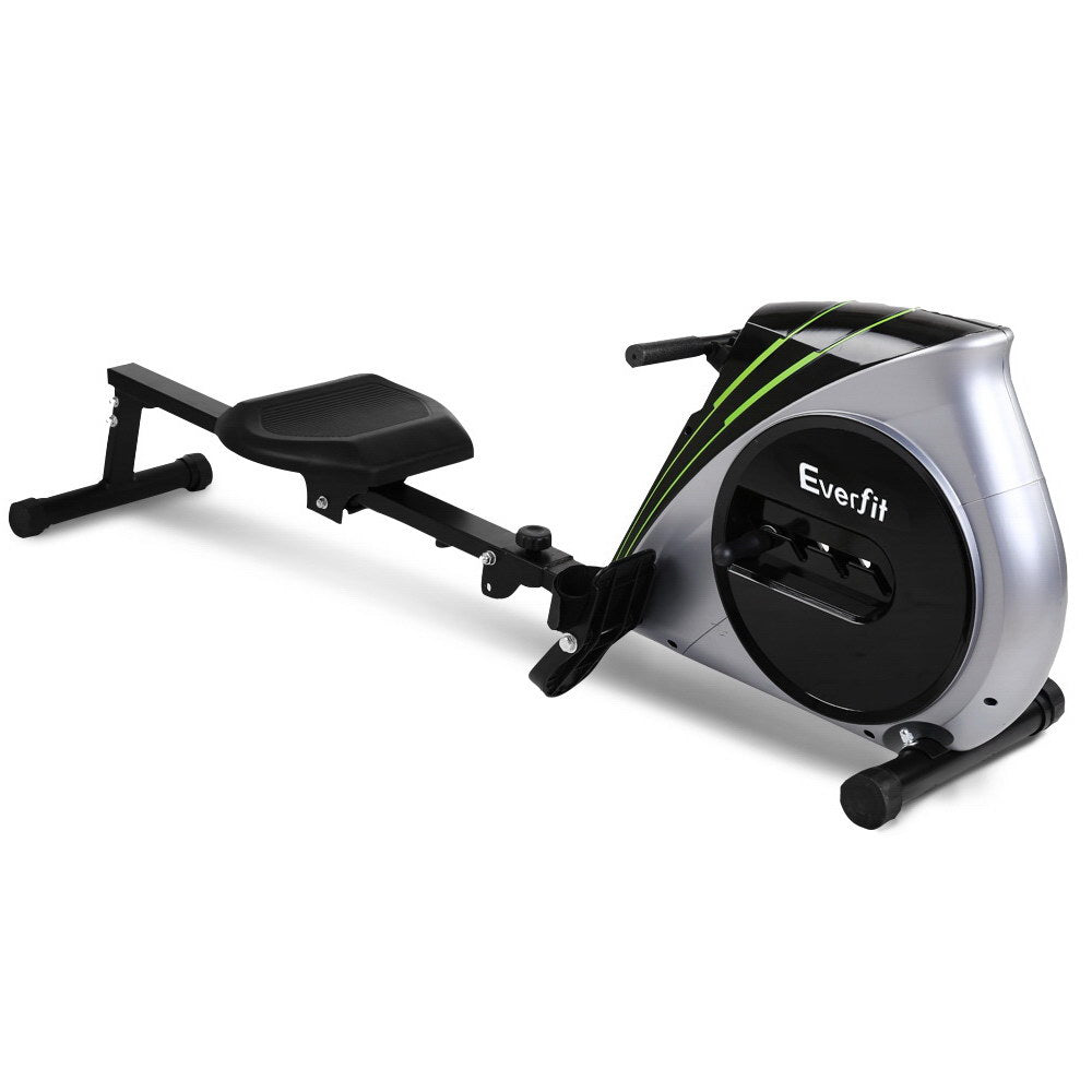Everfit rowing machine with elastic rope resistance for home cardio workouts, silver finish, ideal for fitness and exercise routines.