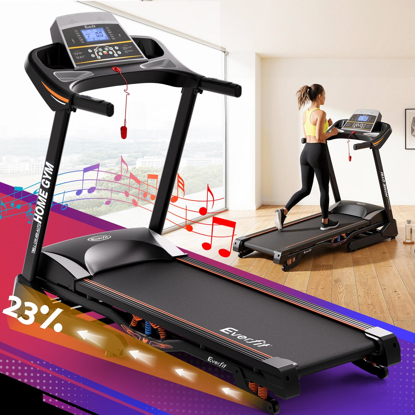 Hlpmedical Everfit electric treadmill with auto incline for home gym fitness, showing running surface and control panel.