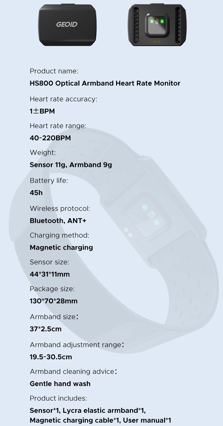 Hlpmedical optical armband heart rate monitor in black with Bluetooth and ANT+, waterproof IP67, for fitness training and exercise.