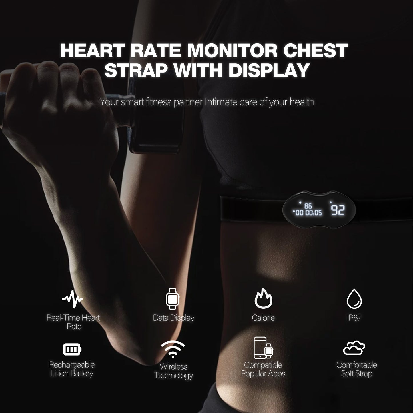 Black Hlpmedical smart fitness heart rate monitor chest strap with data display, waterproof IP67, rechargeable, compatible with BLE and ANT+