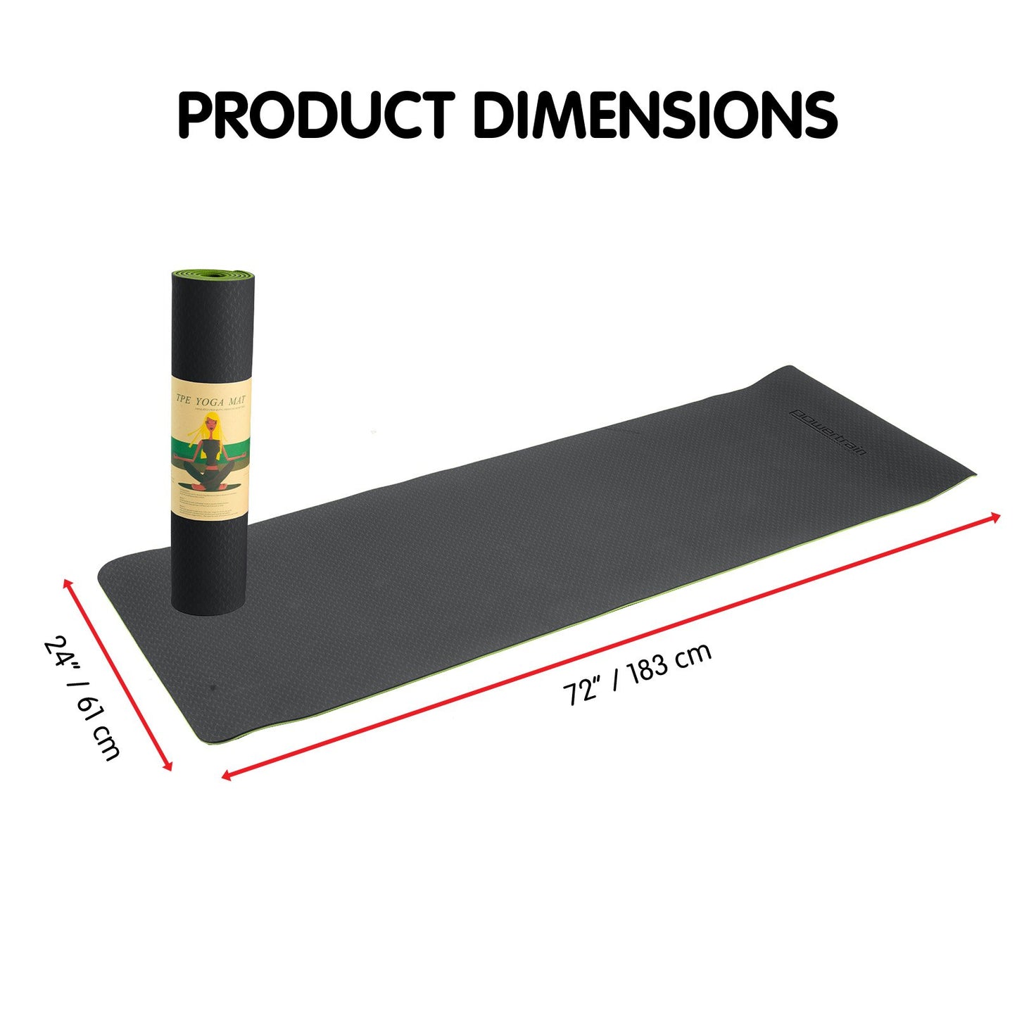 Black and green Powertrain TPE yoga exercise mat by Hlpmedical, 8mm thick for home gym, Pilates, and fitness workouts.
