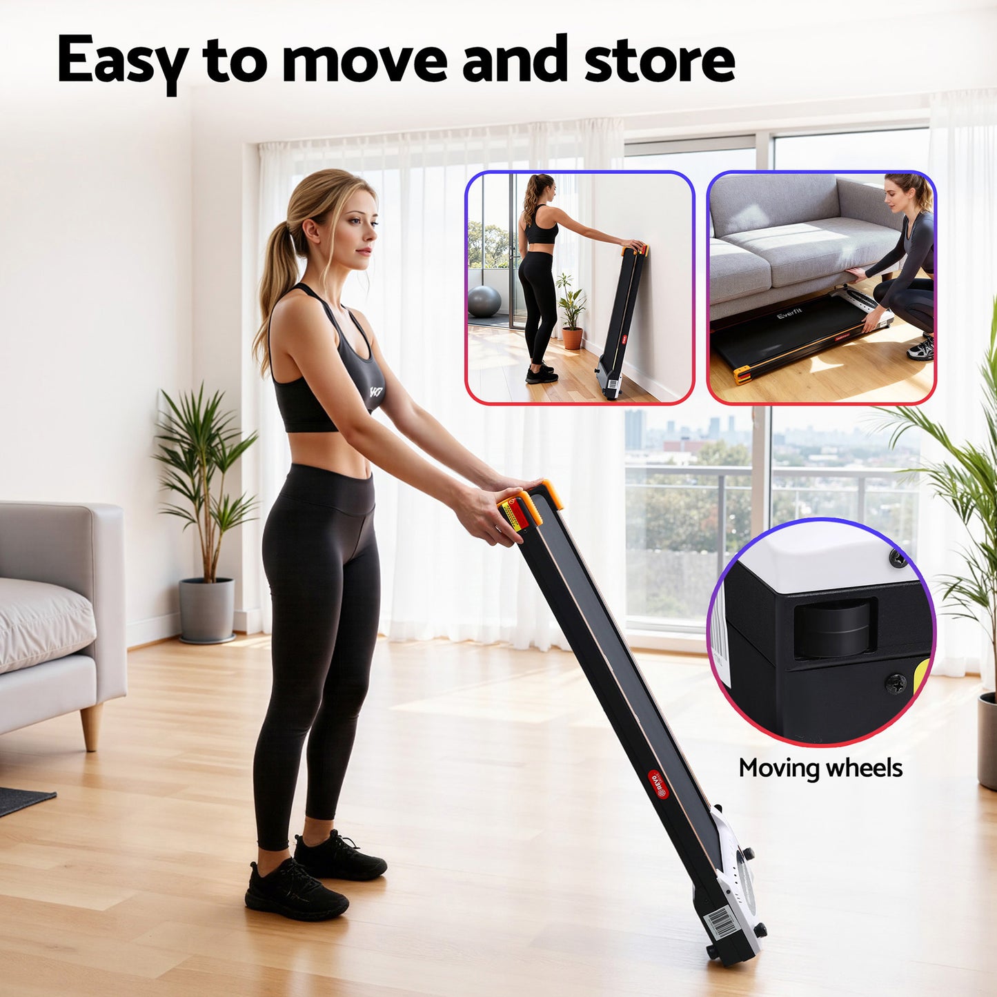 Everfit 2 Side Walking Pad Treadmill with Massage Function by Hlpmedical, black, compact design with digital controls and 380mm belt width.