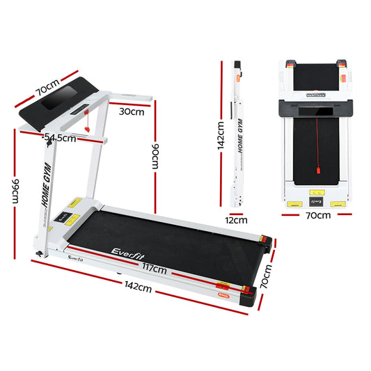 Everfit electric foldable treadmill in white, suitable for home gym workouts, with a 450mm running deck by Hlpmedical.