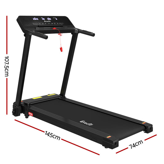 Everfit electric foldable treadmill in black with control knob, suitable for home gym and fitness exercise.