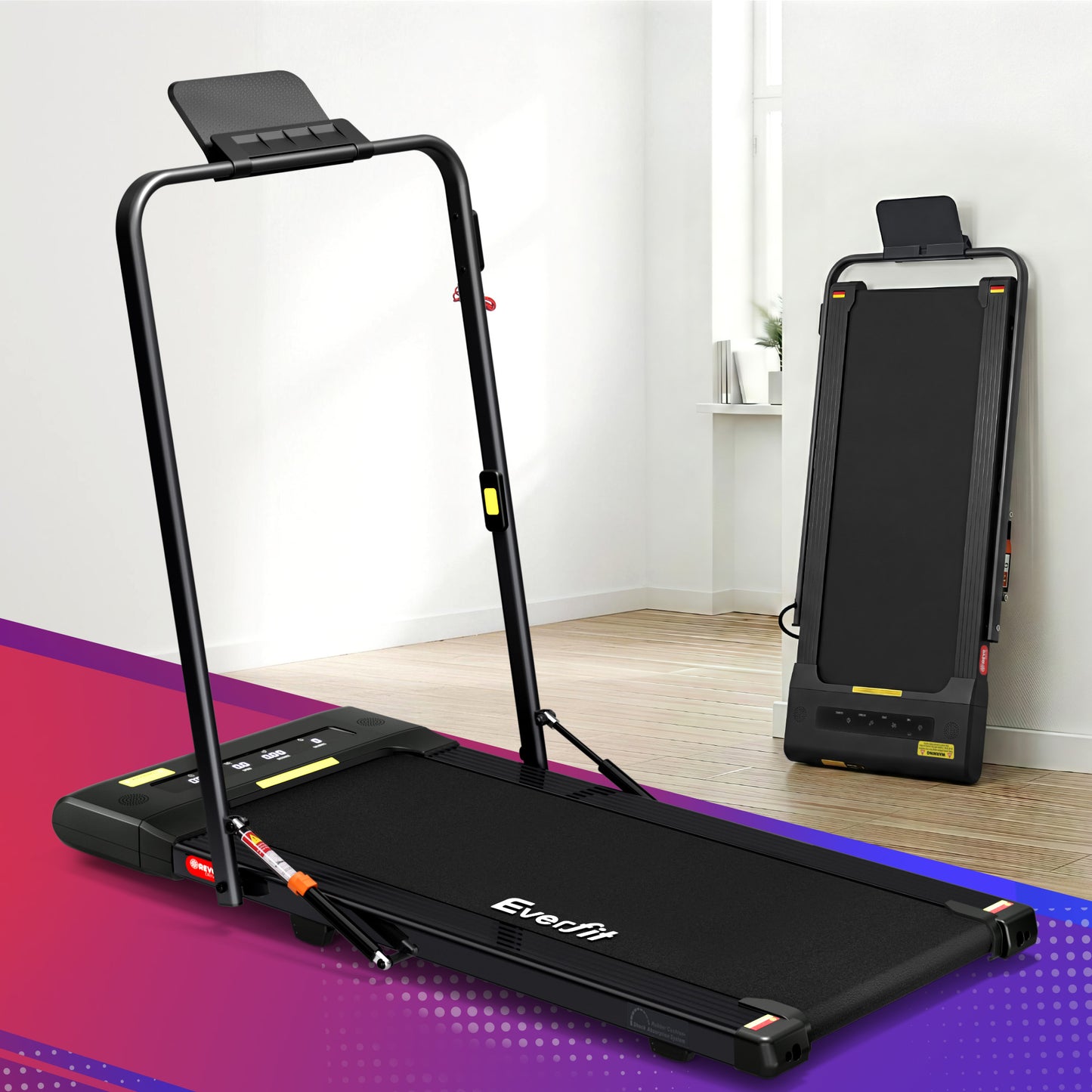Everfit electric walking pad treadmill in black for under-desk use, compact 400mm width, ideal for home gym fitness.