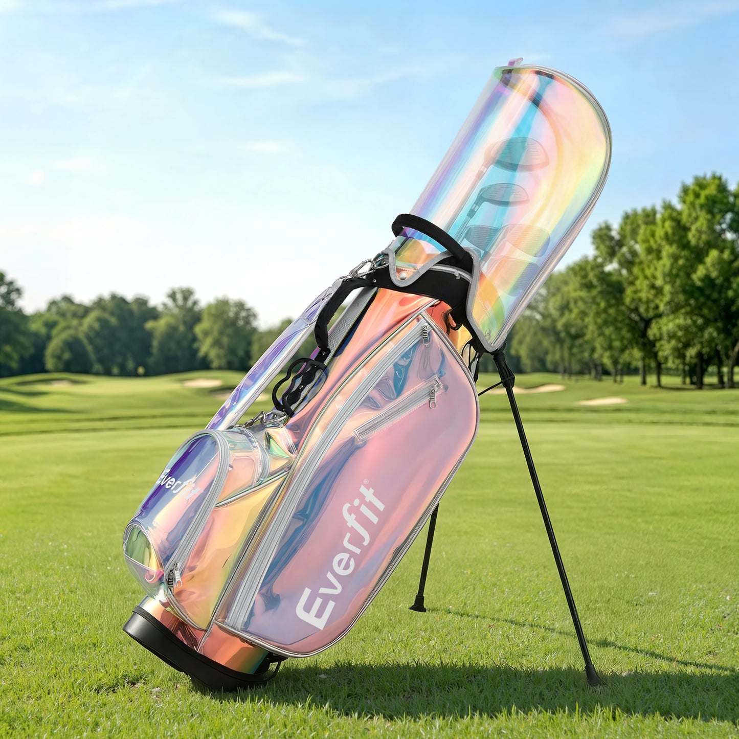 Everfit golf stand bag by Hlpmedical featuring lightweight design, dual straps, club divider, and holographic finish.