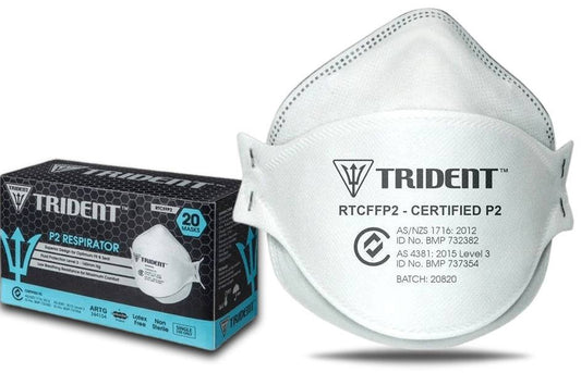 Image of a box of 768 Hlpmedical Trident P2 respirator masks, individually packed regular size medical masks for protection.