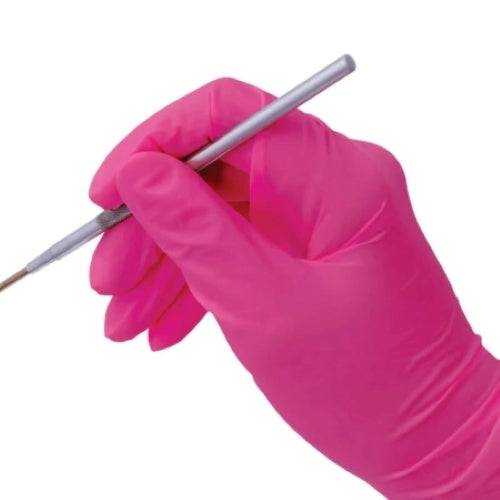 Pink Hlpmedical nitrile gloves, powder and latex free, textured fingers, snug fit, 3.5g, food safe for safe handling.