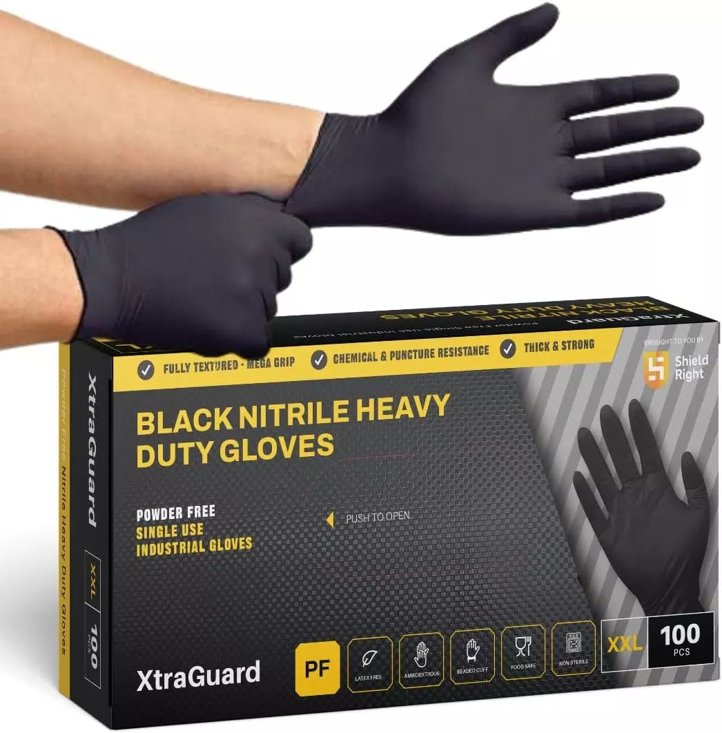 SHIELD RIGHT XtraGuard Black Nitrile Gloves - Heavy Duty, 6g, Disposable, Latex & Powder Free, Chemical & Puncture Resistant, Food Safe, Medical Grade