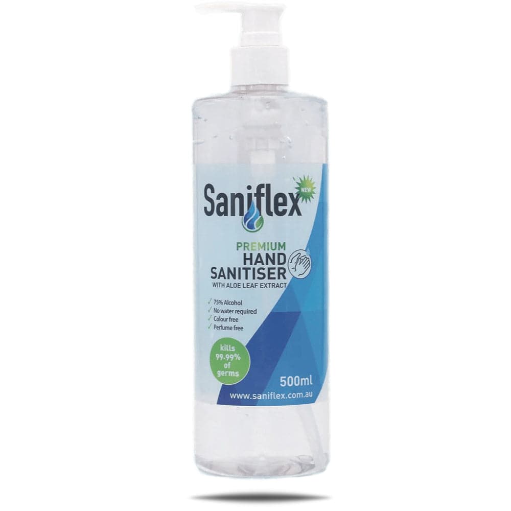 Saniflex rinse free hand sanitiser in a 500ml bottle with pump from Hlpmedical, showing the sanitizer bottle with label.