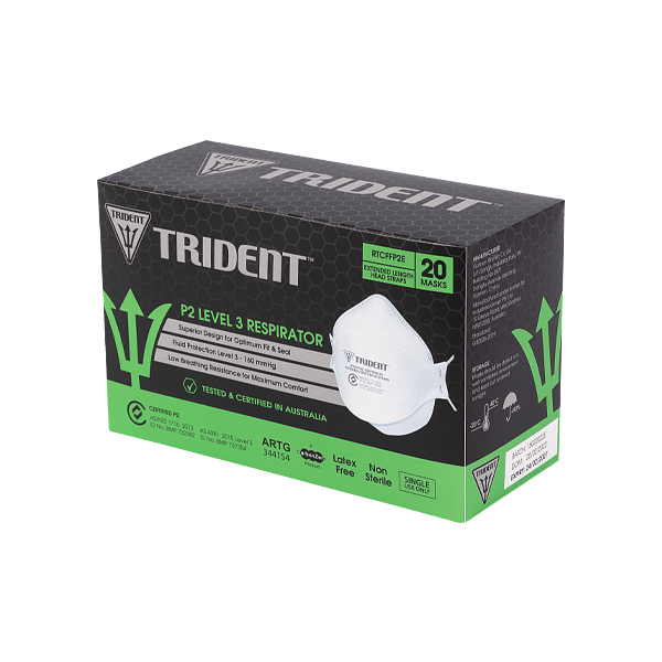 Hlpmedical Trident P2 Level 3 N95 respirator face masks, individually packaged in a box of 20 for respiratory protection.