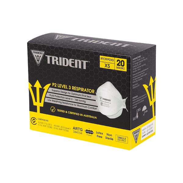 Hlpmedical Trident P2 Level 3 N95 respirator face masks, individually packaged, in a box of 20 for respiratory protection.