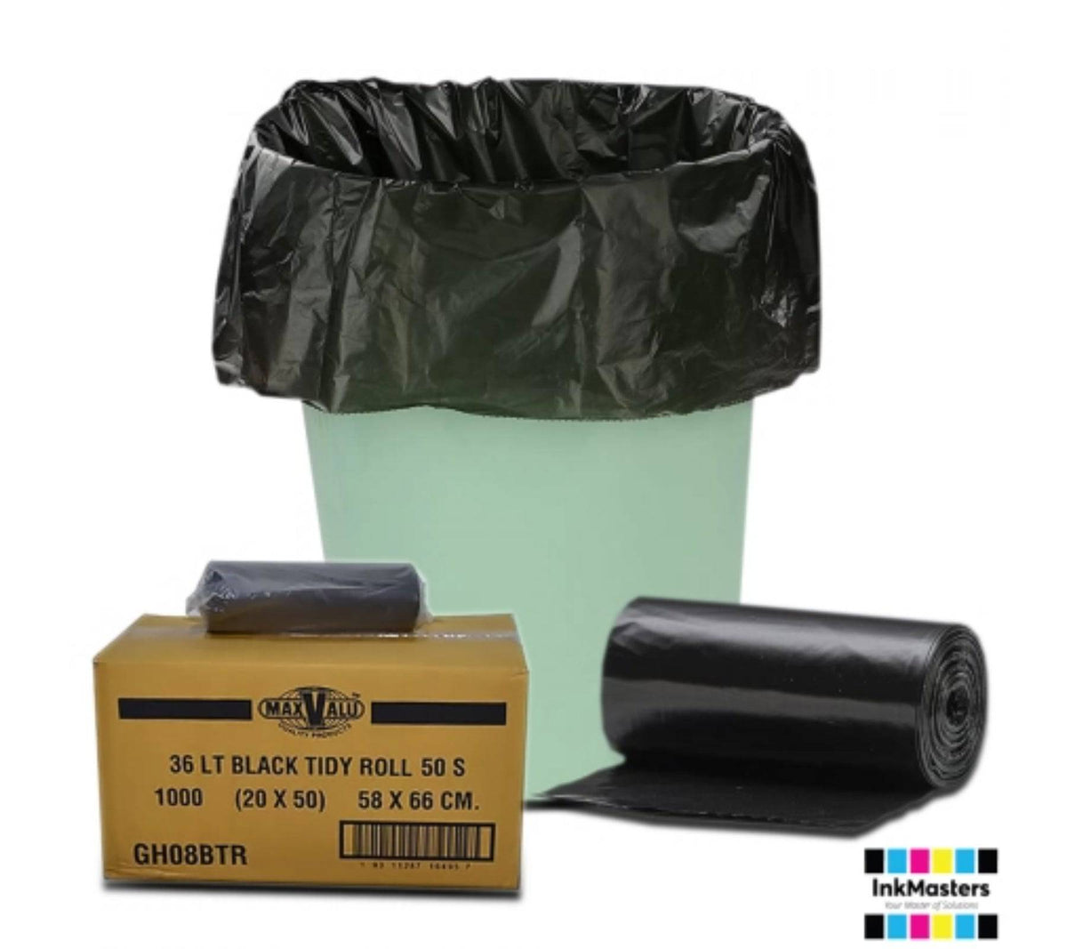 Black 36L medium-large trash bags from Hlpmedical, 20x50 rolls with 1000 bin liners for waste disposal.