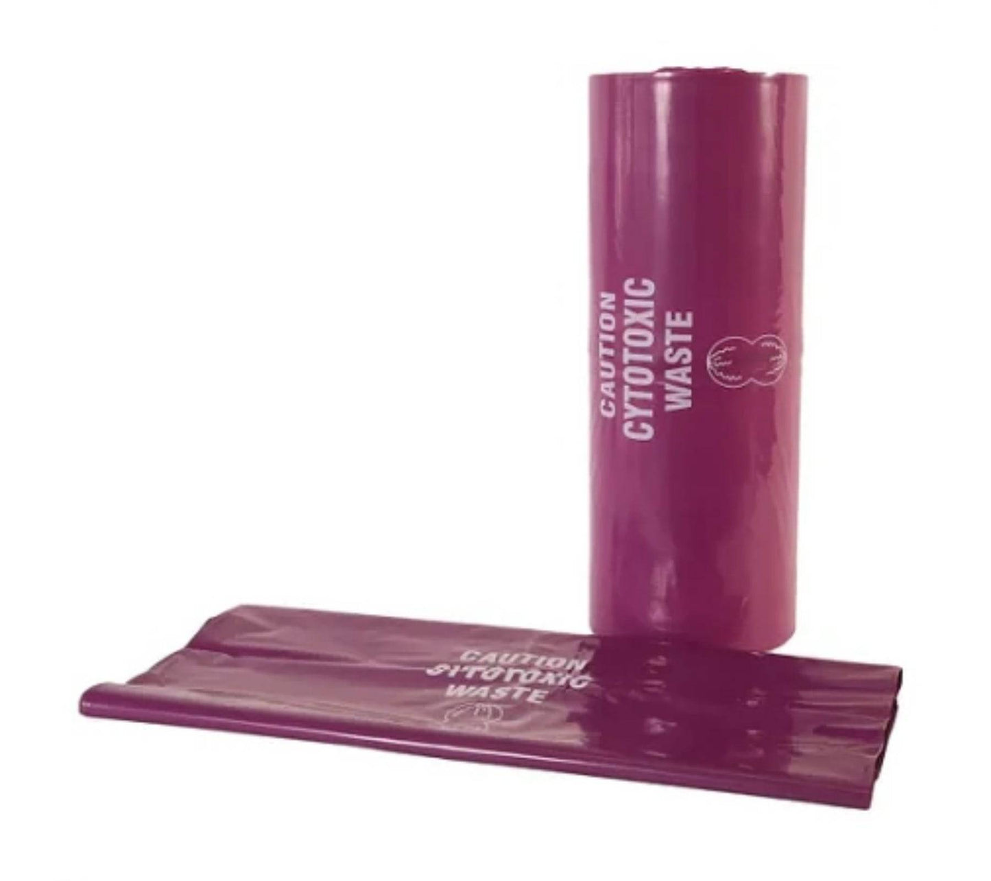 Hlpmedical bio hazard cytotoxic waste bin liners roll in 27L, 65L, 72L, and 240L sizes, suitable for medical waste disposal.