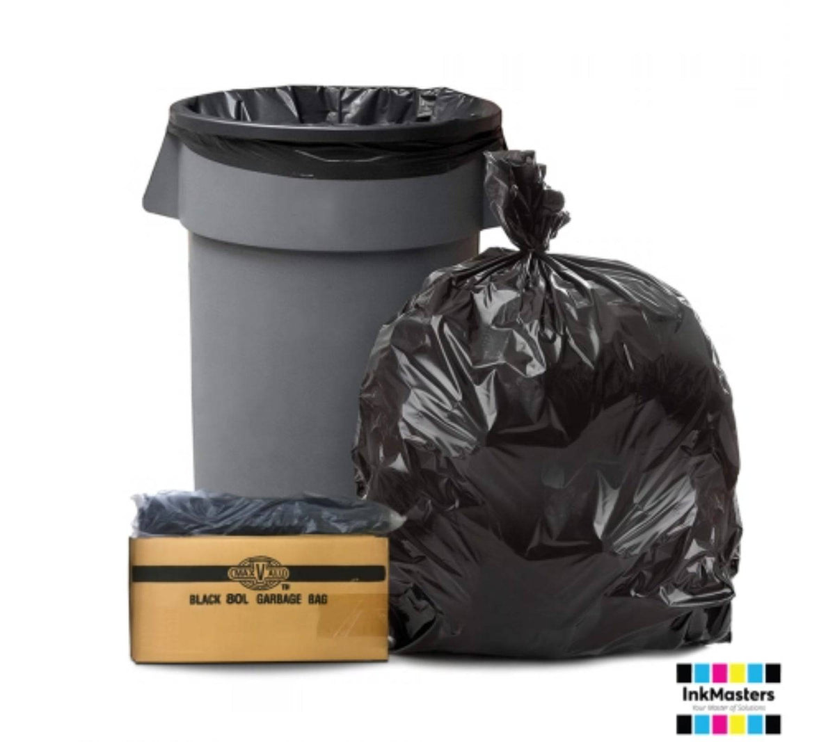 Black 80L heavy-duty trash bags by Hlpmedical, 27um thickness, 5 packs of 50 bin liners for waste disposal.