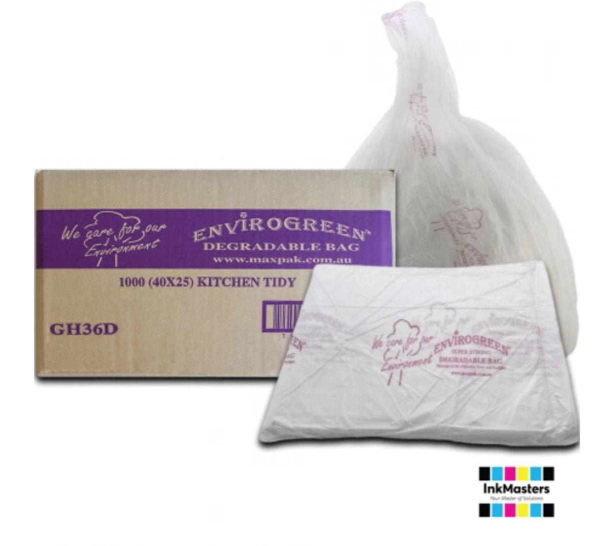 Hlpmedical 36L Envirogreen degradable garbage bags in a roll, showing clear bin liners with eco-friendly design and packaging.