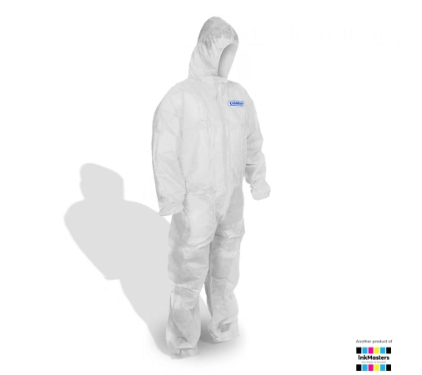 Hlpmedical combat white polypropylene coverall disposable PPE, large size, full-body protective suit with hood and front zipper.