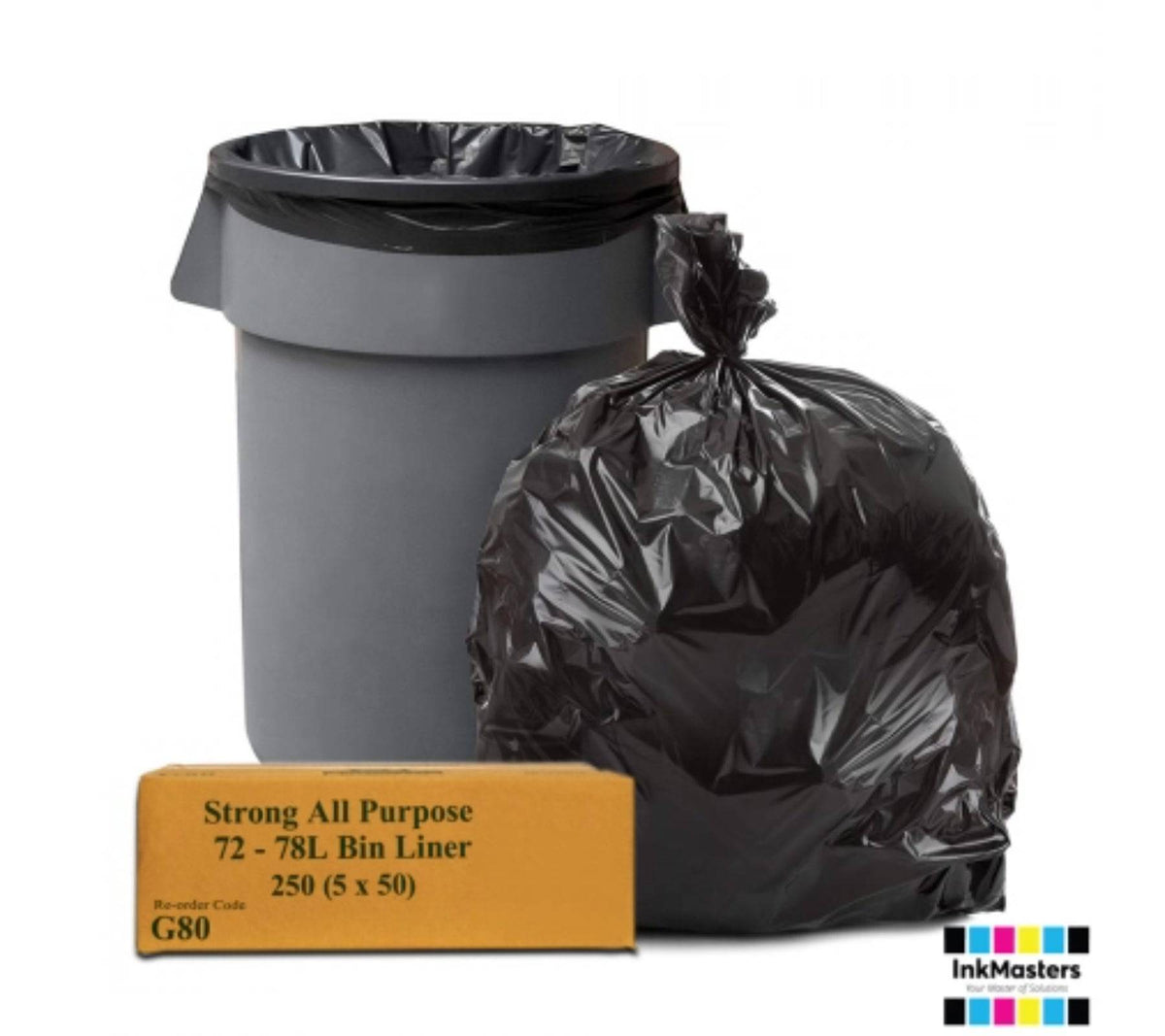 Black 80L heavy-duty rubbish bags by Hlpmedical, 37um thickness, pack of 200 bin liners for waste disposal.