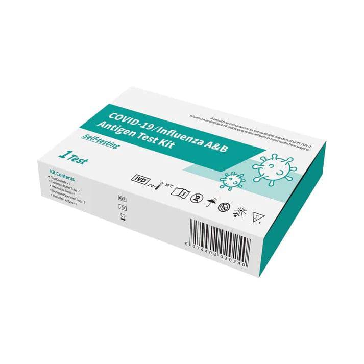 HLP Medical Supplies Fanttest COVID-19 and Influenza A&B Antigen Test Kit, self-testing kit with test devices and packaging.