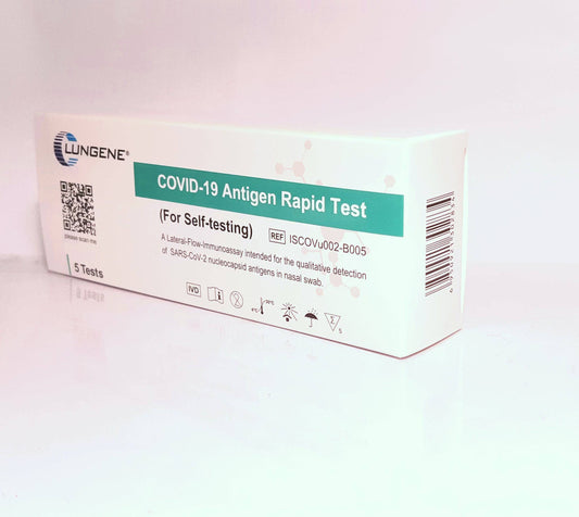 HLP Medical Supplies Clungenge COVID-19 rapid antigen test kit with nasal swab, includes five self-testing kits for health care use.
