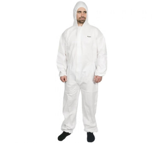 Hi Calibre Microporous Waterproof Coveralls Type 5/6 by Hlpmedical, disposable protective coveralls for hazardous environments.