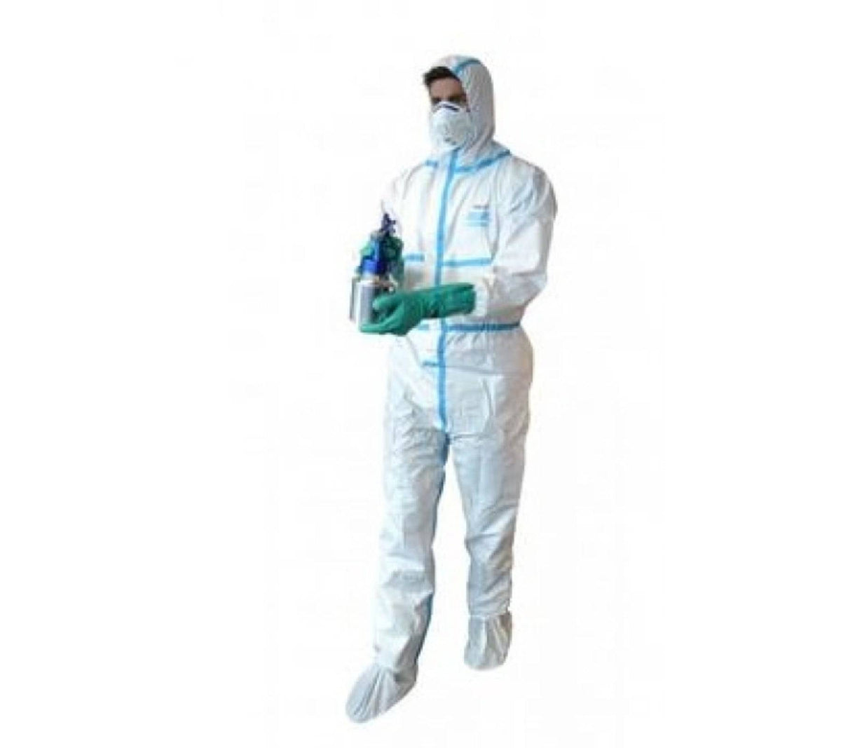 Disposable Hi Calibre Microporous Waterproof Coveralls Type 4 by Hlpmedical, showing the full-body protective suit with hood and zipper.