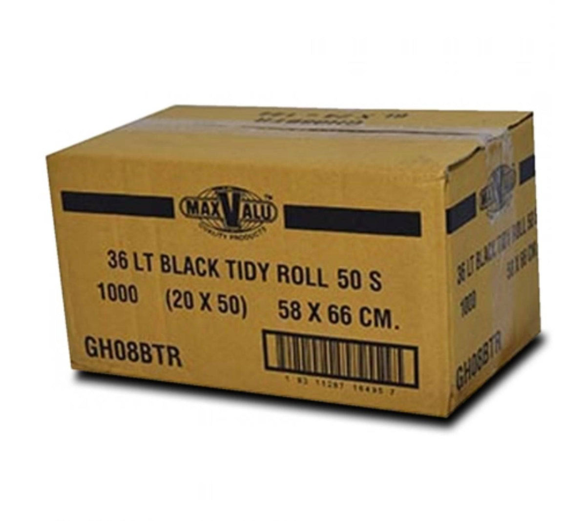 Black 36L medium-large trash bin liners by Hlpmedical, 20x50 rolls of 1000 tidy garbage bags, suitable for waste disposal.