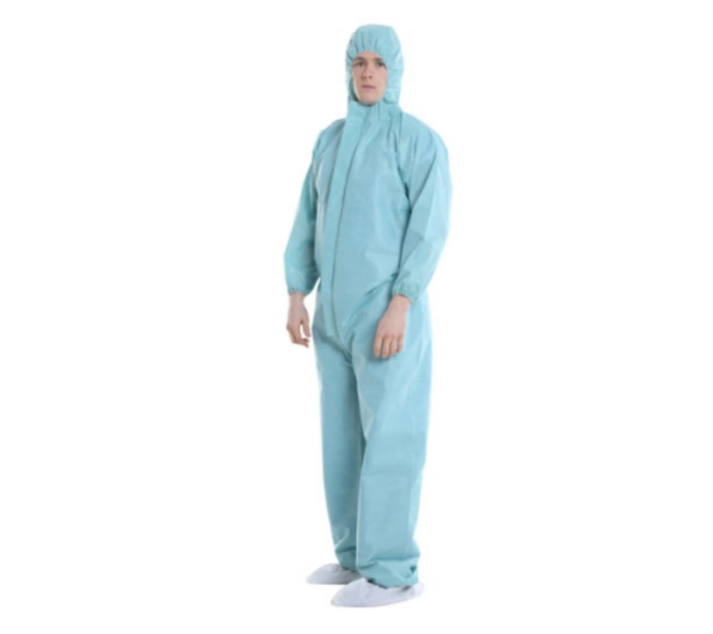 Hlpmedical SMS disposable coveralls Type 5/6 with breathable material, medium size, individually wrapped for personal protective equipment.