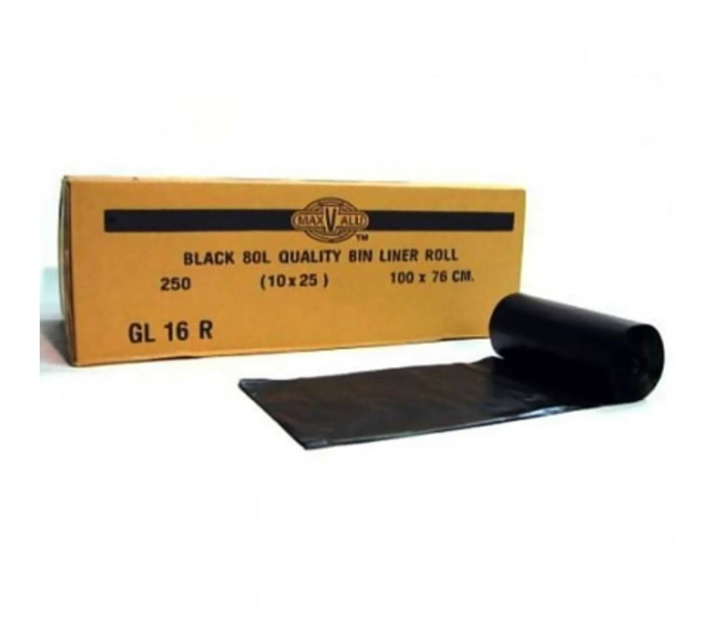 Black heavy duty trash bags by Hlpmedical, 80L bin liners on a roll, 24um thick, 10x25 roll with 250 garbage bags visible