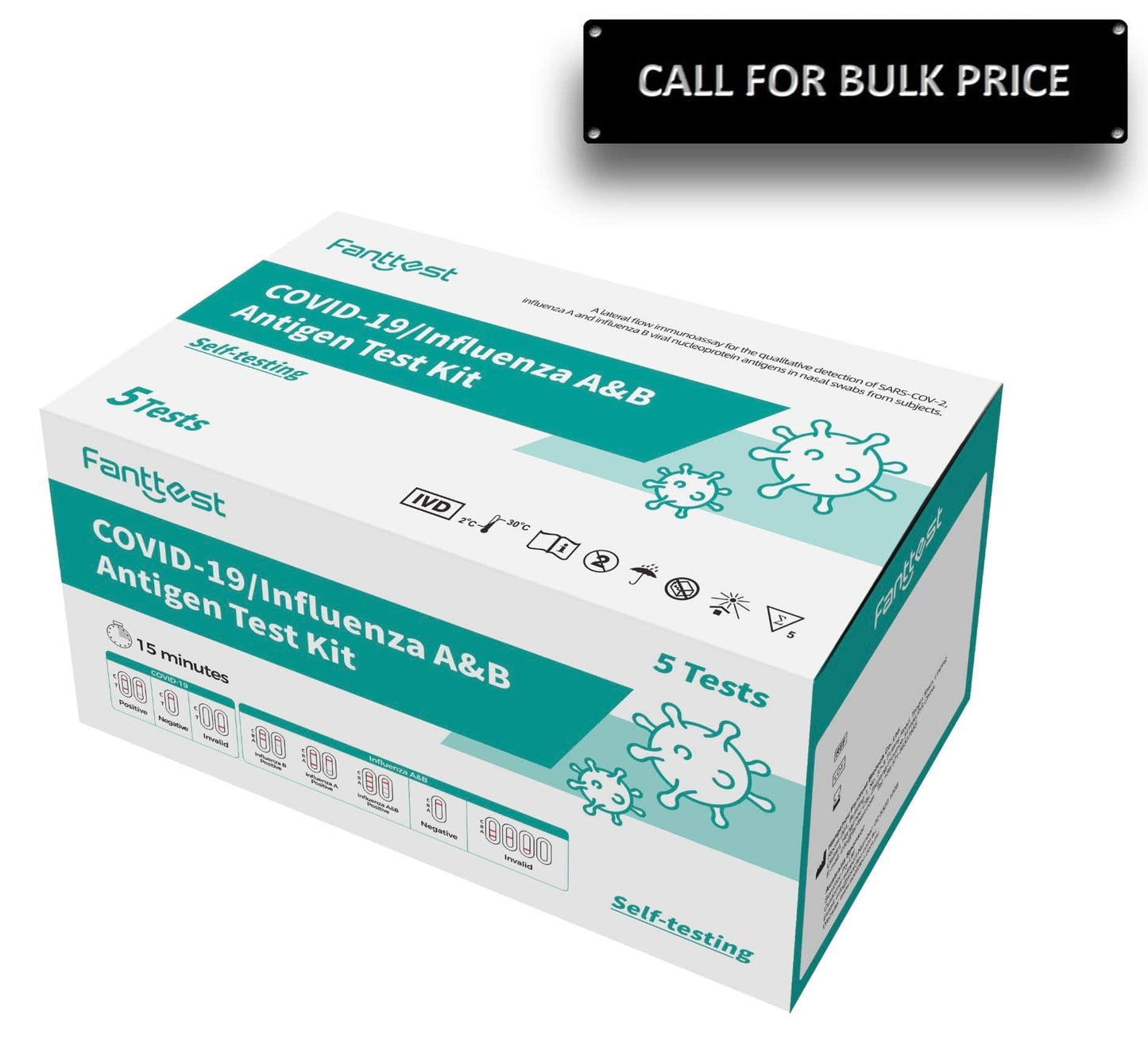 HLP Medical Supplies Fanttest COVID-19 and Influenza A&B antigen test kit with five self-testing devices on a white background.