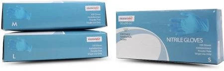 Hlpmedical Mastermed Deluxe blue nitrile gloves, tear-resistant, powder-free, 6.0g, designed for medical and industrial use.