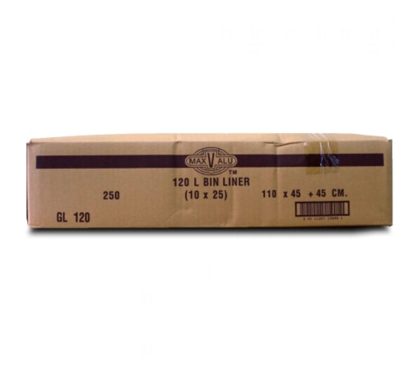 Black heavy-duty garbage bags by Hlpmedical, 120L capacity, 20um thick, 10x25 bin liners for waste disposal.