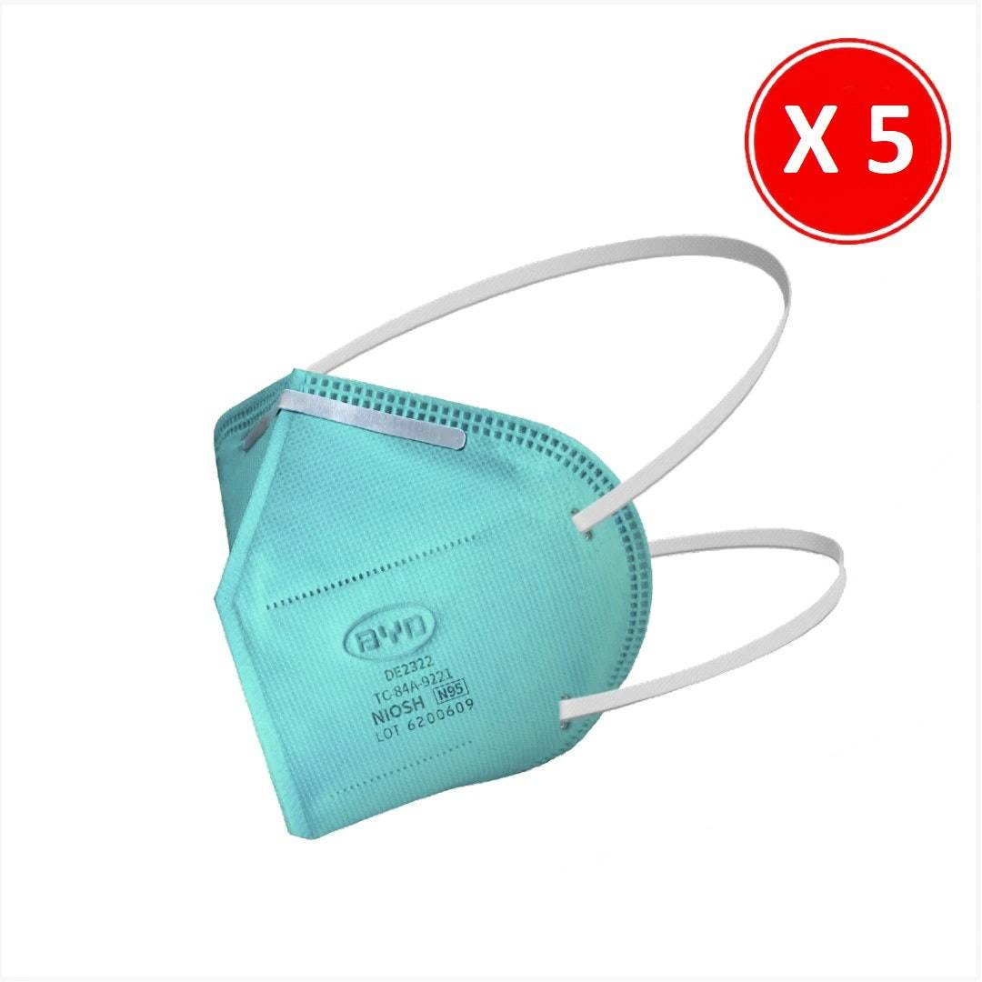 Hlpmedical BYD N95 NIOSH respirator face mask, PPE, 5-pack, close-up of protective masks with adjustable nose bridge and straps.