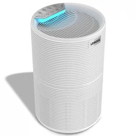Hlpmedical Lenoxx AP90 air purifier in white, compact design for 20m² room, with air filter and control panel visible