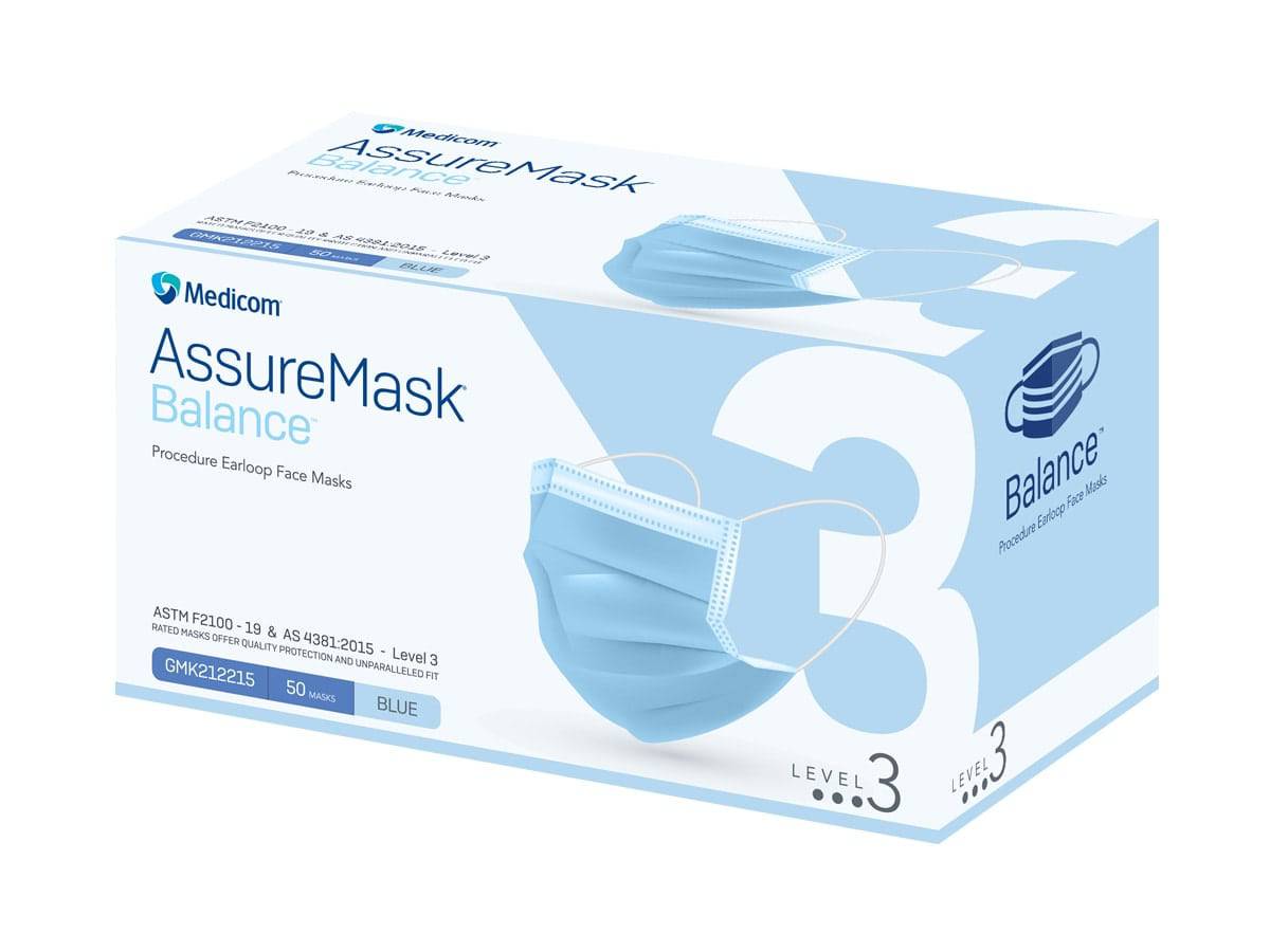 Hlpmedical Assure Level 3 earloop face mask, PPE, 50-pack, protective mask for safety and hygiene, close-up view