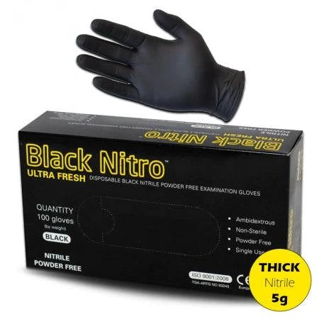 Pair of black nitrile gloves by Hlpmedical, powder-free, 100-piece pack, showing the textured surface and flexible fit.