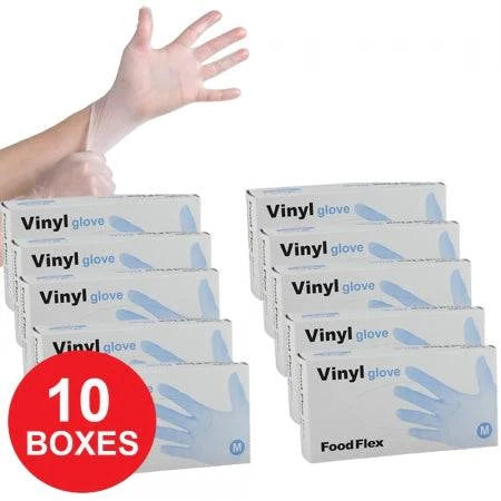 Box of 1000 Hlpmedical Eagle clear vinyl powder-free gloves in 10 boxes, showing gloves and packaging in a cardboard carton.