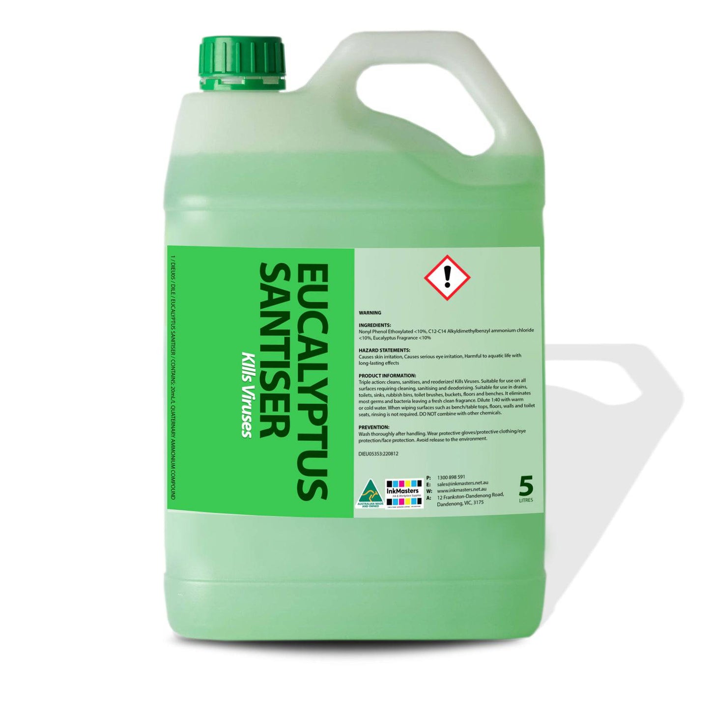 Eucalyptus sanitiser 5L bottle from HLP Medical Supplies with a clear label and pump dispenser.