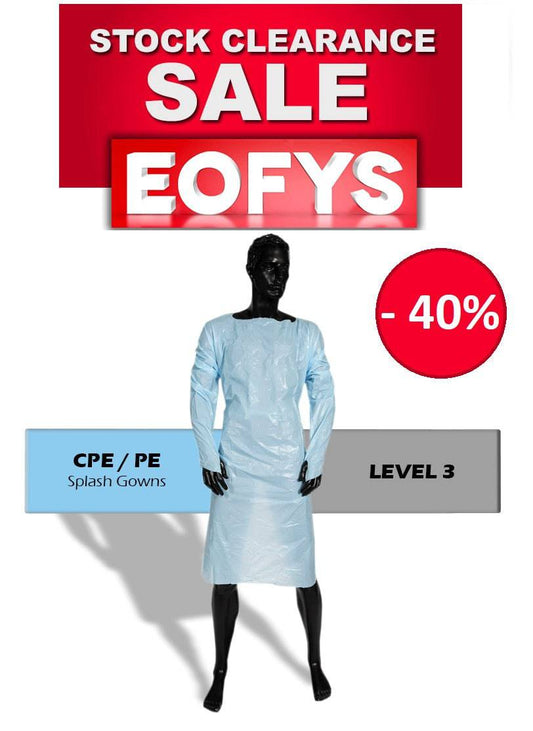 Pack of 20 HLP Medical Supplies CPE Splash Gowns, sterile isolation gowns for healthcare and protective use.