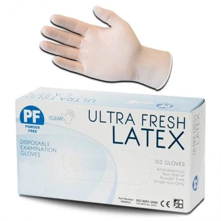 Clear latex gloves from Hlpmedical, powder-free PPE, shown in a box, ideal for medical and personal safety use.