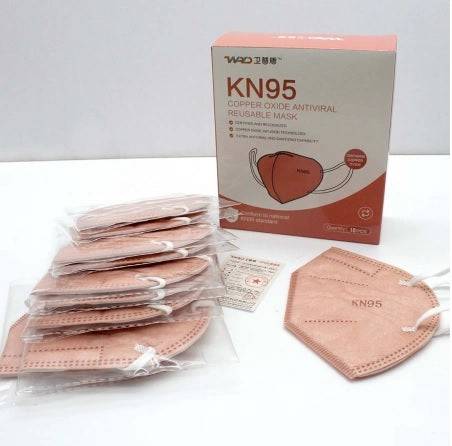 Copper Oxide 5-Ply KN95 reusable face mask by Hlpmedical, shown in a pack of 10, with adjustable ear straps and breathable design.