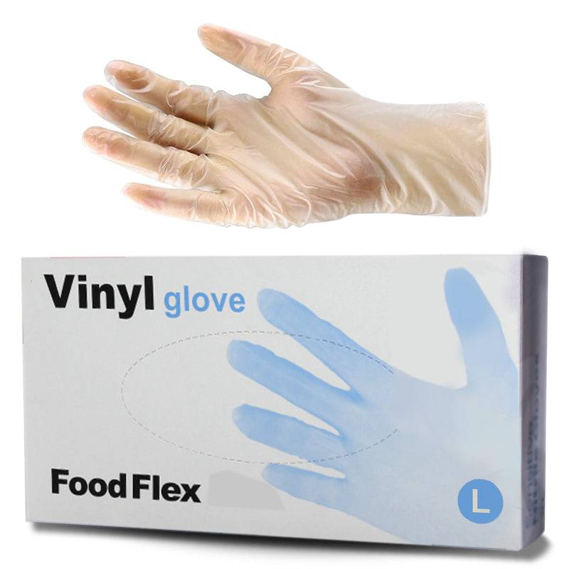 Box of 10 Hlpmedical eagle clear vinyl powder-free gloves, showing multiple glove boxes with transparent gloves and packaging.
