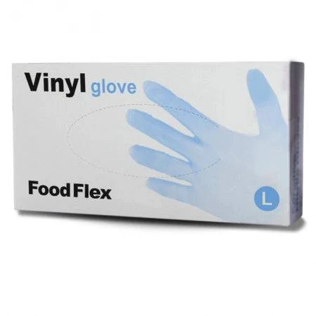 Set of 1000 clear vinyl powder-free gloves in 10 boxes by Hlpmedical, showing neatly stacked disposable gloves on a plain background.