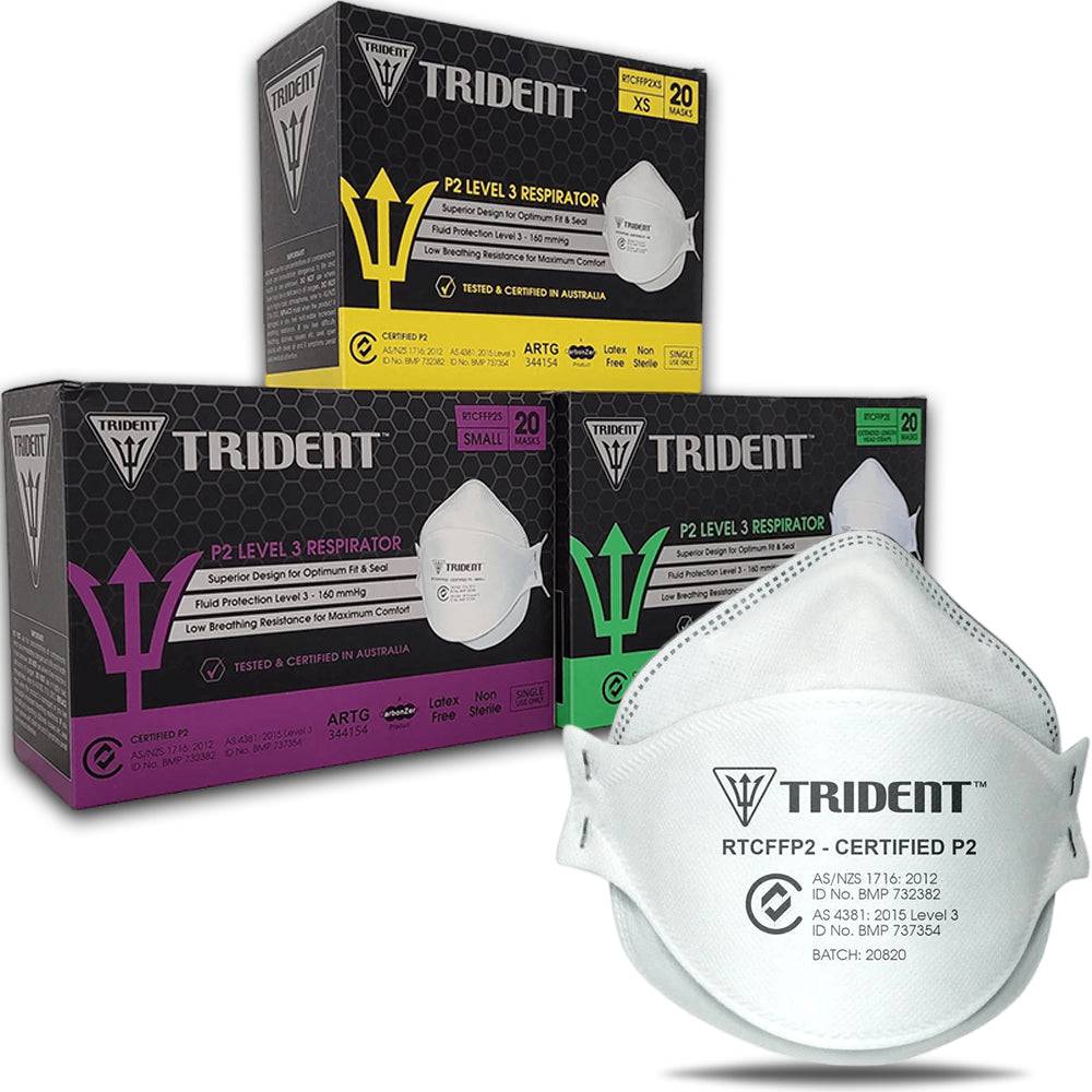 Hlpmedical Trident P2/N95 respirator face masks, individually packaged, 20 per box, shown in extended length view.