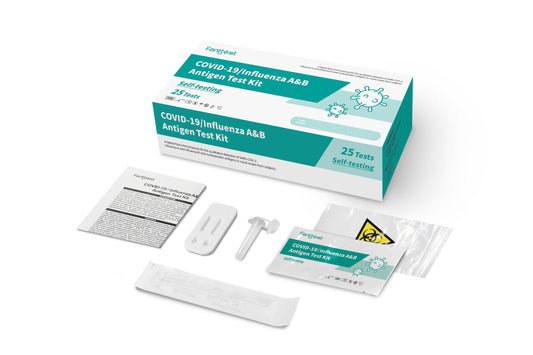 Fanntest COVID-19 and Influenza A&B antigen test kits, medical testing kits with 40 packs of 25 tests each, by HLP Medical Supplies.