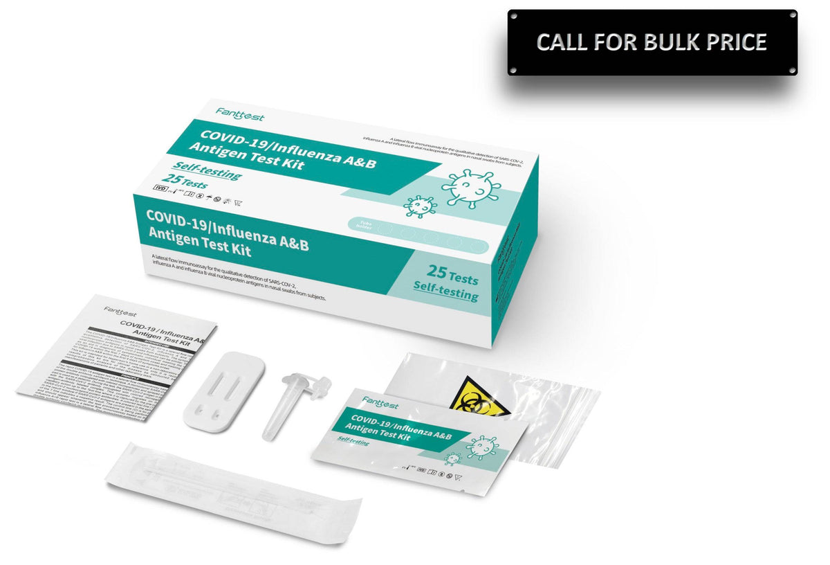 Fanntest COVID-19 and Influenza A&B antigen test kits by HLP Medical Supplies, showing packaging and testing components.