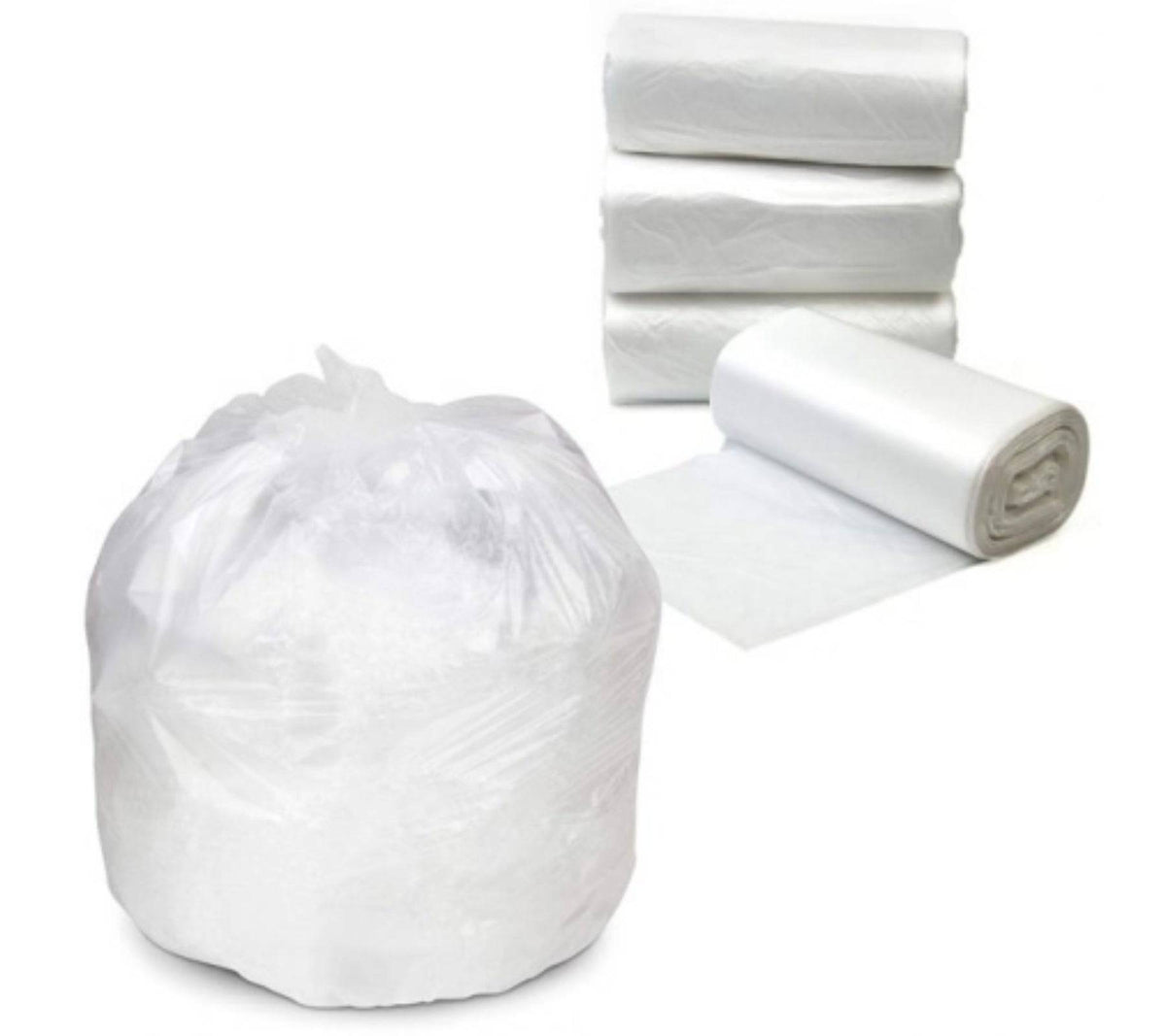 Set of 100 clear heavy-duty Hlpmedical bin liners, 240L rubbish bags suitable for waste disposal and trash collection.