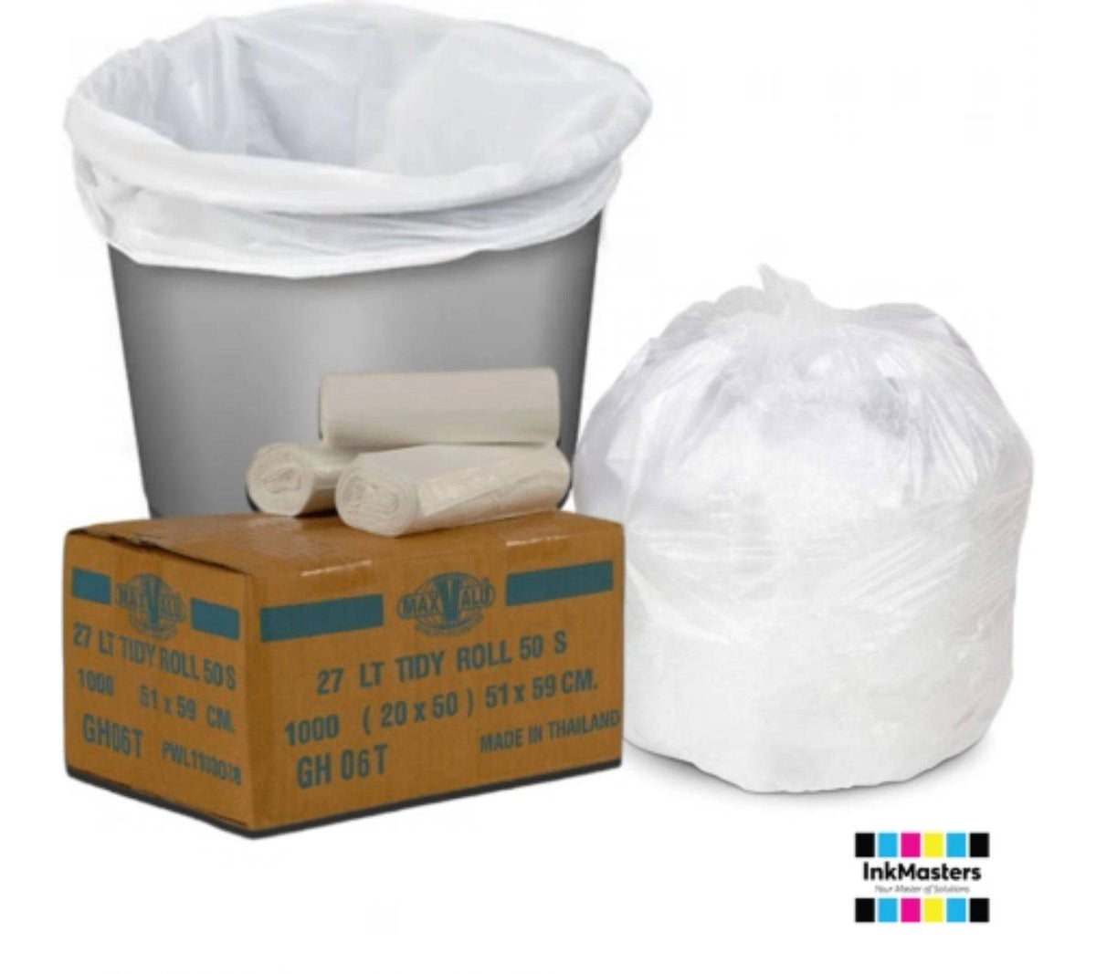 White 27L medium garbage bin liners from Hlpmedical, 20x50 rolls with 1000 tidy bags, suitable for waste disposal.