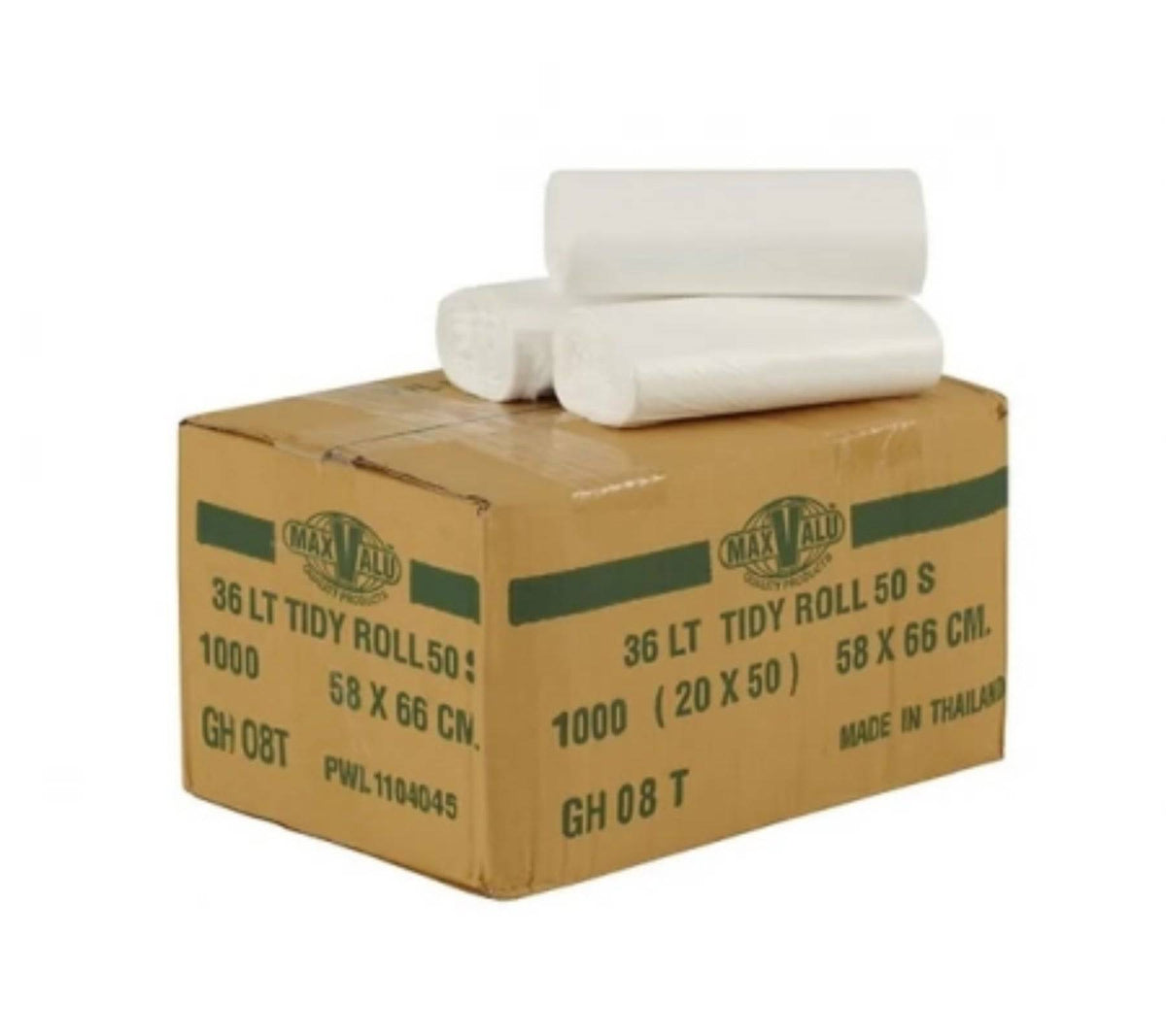 White medium-large Hlpmedical 36L refuse sack bin liner, 20x50 roll of 50 tidy bags, durable trash disposal bags.