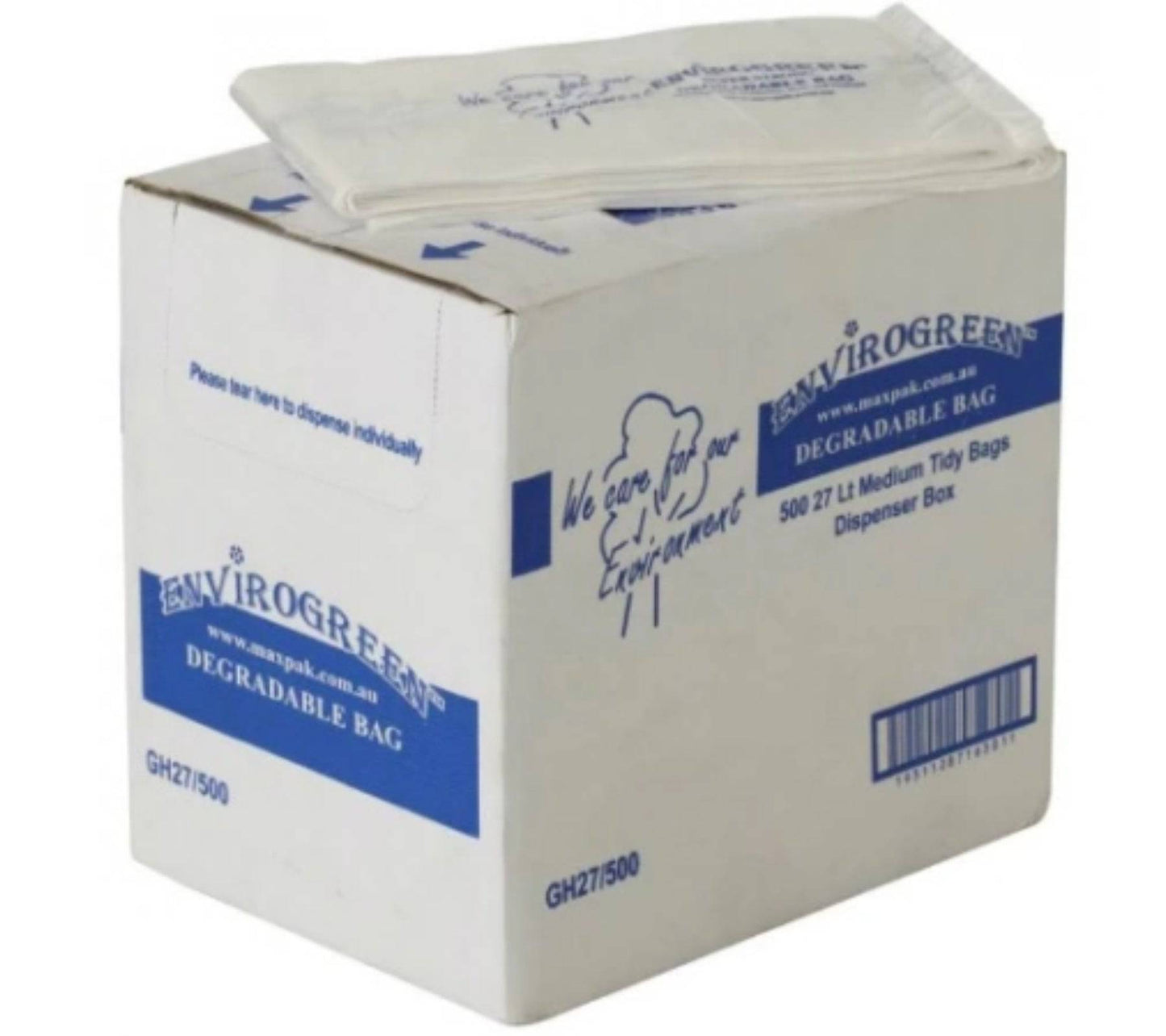 Hlpmedical 27L Envirogreen degradable trash bags in roll, 20x25 inches, eco-friendly bin liners for waste disposal.